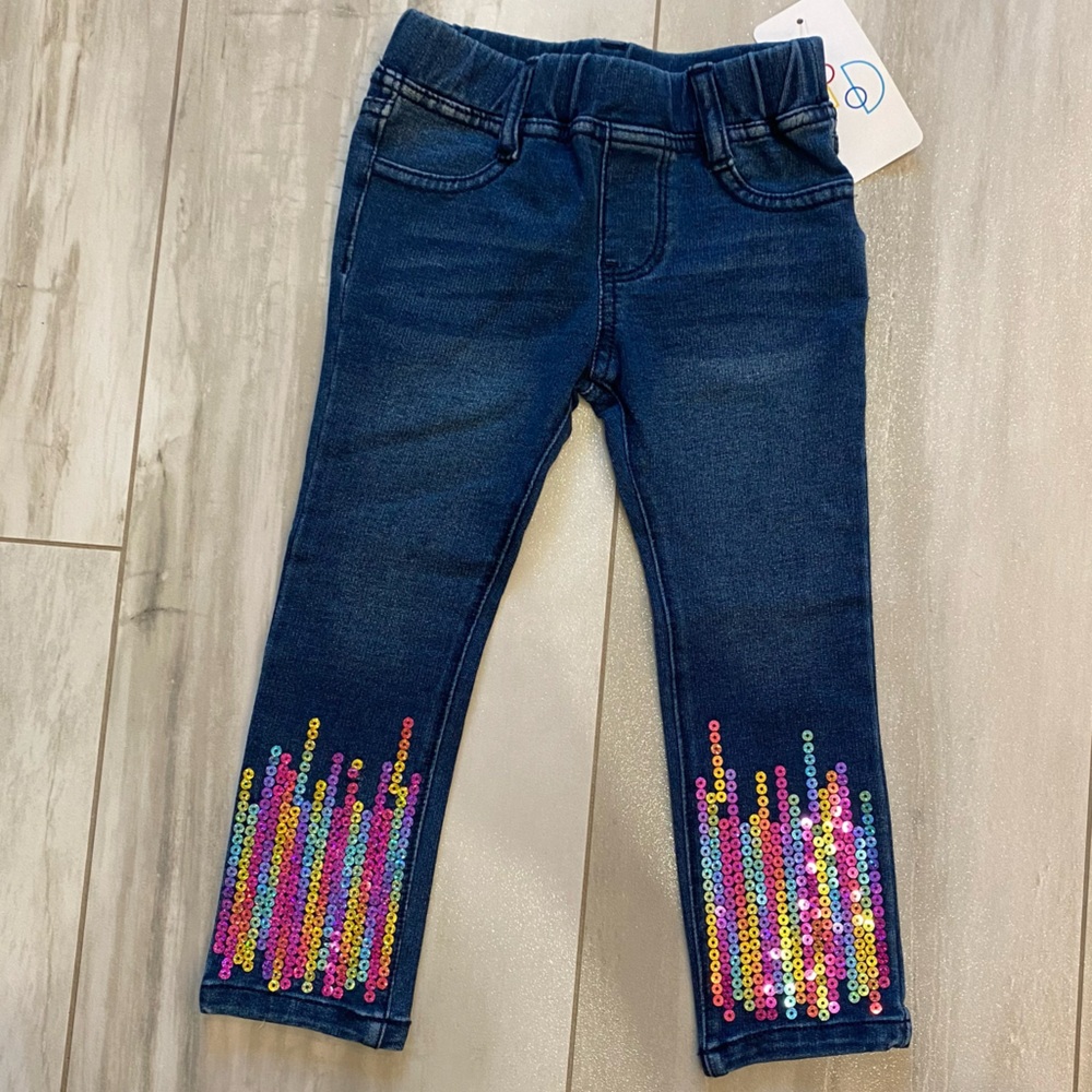 NWT Flapdoodles Multi-Colored Sequin Straight Leg Stretch Denim Blue Jeans, 2T